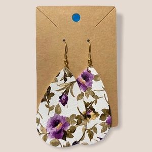 White Purple Floral Faux Leather Vinyl Earrings
